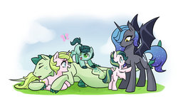 Size: 1024x569 | Tagged: safe, artist:kianamai, oc, oc only, oc:anthea, oc:apollo, oc:oasis (kianamai), oc:princess nidra, oc:turquoise blitz, alicorn, bat pony, bat pony alicorn, butterfly, dracony, hybrid, pegasus, pony, unicorn, kilalaverse, adopted offspring, alicorn oc, bipedal leaning, cloud, cuddling, cute, eye contact, eyes closed, eyes on the prize, father and daughter, father and son, female, frown, hug, interspecies offspring, looking at each other, looking down, looking up, male, mother and daughter, mother and son, next generation, oc x oc, ocbetes, offspring, offspring shipping, offspring's offspring, on top, open mouth, parent:fluttershy, parent:oc:anthea, parent:oc:azalea, parent:oc:berry vine, parent:oc:supernova, parent:oc:turquoise blitz, parent:princess luna, parent:rarity, parent:spike, parents:canon x oc, parents:oc x oc, parents:sparity, prone, shipping, simple background, sleeping, smiling, snuggling, spread wings, straight, white background, wide eyes