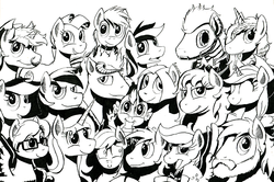 Size: 900x596 | Tagged: safe, artist:darkhestur, oc, oc only, pony, lots of characters, milestone, monochrome