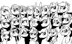 Size: 838x512 | Tagged: safe, artist:darkhestur, oc, oc only, alicorn, deer, earth pony, pegasus, pony, unicorn, female, male, mare, monochrome, smiling, stallion, traditional art