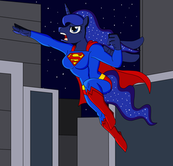 Size: 3659x3500 | Tagged: safe, artist:advanceddefense, artist:natter45, princess luna, anthro, g4, female, high res, male, muscles, night, solo, superhero, superman, supermare