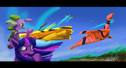 Size: 1482x803 | Tagged: safe, artist:zeeclaw, spike, twilight sparkle, alicorn, pony, g4, female, mare, spaceship, twilight sparkle (alicorn)