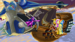 Size: 1600x900 | Tagged: safe, artist:zeeclaw, applejack, fluttershy, rainbow dash, spike, trixie, twilight sparkle, g4, gunship, laat, laat gunship, pirate, pirate ship, plank, rescue, science fiction, sky pirate, tied up, walking the plank