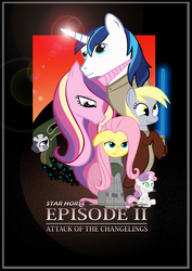 Size: 2480x3508 | Tagged: safe, artist:bouxn, derpy hooves, fluttershy, princess cadance, shining armor, sweetie belle, zecora, changeling, pegasus, pony, zebra, g4, female, high res, jedi, mare, movie poster, star wars, sweetie bot