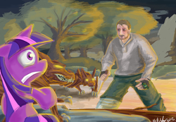 Size: 1600x1106 | Tagged: safe, artist:zeeclaw, twilight sparkle, human, timber wolf, g4, knife, liam neeson, the grey