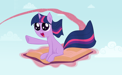 Size: 1600x984 | Tagged: safe, artist:unknownbronynumber42, twilight sparkle, g4, blank flank, book, female, filly, riding, solo