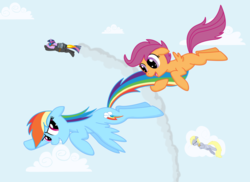 Size: 900x654 | Tagged: safe, artist:unknownbronynumber42, derpy hooves, rainbow dash, scootaloo, twilight sparkle, pegasus, pony, unicorn, g4, cloud, cloudy, female, filly, flying, food, holding, jetpack, mare, muffin, scootaloo can fly, scootalove, sky, sleeping, smoke, tail hold, unicorn twilight