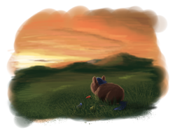 Size: 1408x1088 | Tagged: safe, artist:russian_hugboxer, fluffy pony, field, fluffy pony foals, fluffy pony mother, scenery, sunset
