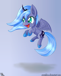 Size: 1024x1267 | Tagged: safe, artist:sintakhra, princess luna, g4, female, filly, flying, happy, open mouth, smiling, solo, spread wings, woona