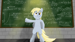 Size: 1280x718 | Tagged: safe, artist:daniel-h-n, derpy hooves, pegasus, pony, g4, chalkboard, female, mare, math, physics, science, solo