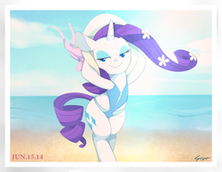 Size: 2200x1700 | Tagged: safe, artist:sion, rarity, pony, unicorn, g4, beach, bipedal, clothes, female, flower in hair, hat, horn, mare, one-piece swimsuit, pose, solo, swimsuit, windswept mane