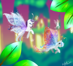 Size: 5000x4474 | Tagged: safe, artist:fuyusfox, rarity, oc, oc:aria lightninghoof, breezie, pony, unicorn, g4, absurd resolution, colored wings, gradient wings, sparkly wings, wings