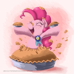 Size: 1500x1500 | Tagged: safe, artist:melissathehedgehog, pinkie pie, earth pony, pony, g4, blue ribbon, cute, diapinkes, eyes closed, female, literal, open mouth, pi, pie, pie flavor, pinkie pi, pun, ribbon, solo, visual pun