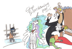 Size: 1280x875 | Tagged: dead source, safe, artist:frankilew, discord, king sombra, princess celestia, pony, g4, annoyed, bipedal, celestia is not amused, clothes, dress, female, floppy ears, friendzone, frown, glare, good king sombra, king sombra is not amused, male, mask, musical instrument, phantom of the opera, piano, ship:dislestia, shipping, sitting, spread wings, straight, suit, traditional art, unamused, wide eyes, yelling