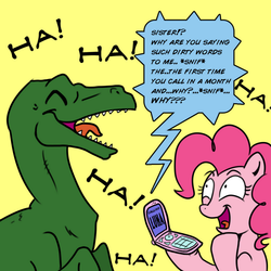 Size: 1000x1000 | Tagged: safe, artist:madmax, artist:pacce, pinkie pie, princess luna, dinosaur, earth pony, pony, velociraptor, g4, cellphone, female, laughing, lunabuse, mare, open mouth, phone, prank call, simple background, speech bubble, yellow background