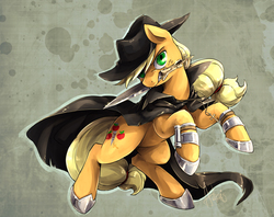 Size: 1785x1415 | Tagged: safe, artist:audrarius, applejack, earth pony, pony, g4, action pose, badass, cloak, clothes, cross, female, glare, hat, horseshoes, hunterjack, knife, looking at you, mare, mouth hold, necklace, rearing, solo, weapon