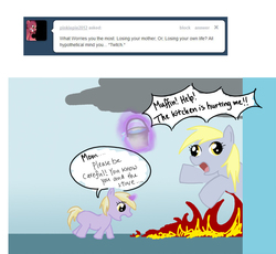 Size: 869x800 | Tagged: safe, derpy hooves, dinky hooves, pegasus, pony, ask dinkydoo, g4, ask, female, fire, mare, tumblr