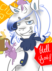 Size: 500x680 | Tagged: safe, artist:huiriu, oc, oc only, oc:funnynotes, pony, unicorn, chest fluff, cider, magic, solo