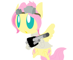 Size: 671x544 | Tagged: safe, artist:angelstar000, fluttershy, g4, ask-thecolts, butterscotch, clothes, costume, dr adorable, goggles, rule 63, simple background, solo, tumblr crossover, weapon, white background