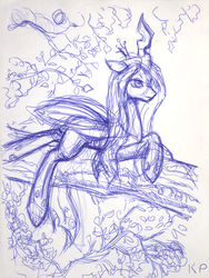 Size: 900x1200 | Tagged: safe, artist:kp-shadowsquirrel, queen chrysalis, changeling, changeling queen, g4, ballpoint pen, female, monochrome, solo, traditional art
