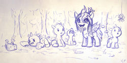 Size: 1500x750 | Tagged: safe, artist:kp-shadowsquirrel, queen chrysalis, changeling, changeling queen, mouse, nymph, spider, g4, ballpoint pen, cheese, crying, cute, cutealis, cuteling, female, filly, foal, monochrome, traditional art, younger