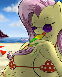 Size: 1500x1875 | Tagged: safe, artist:discordriderr34, fluttershy, anthro, g4, beach, beach ball, bikini, boat, breasts, busty fluttershy, clothes, female, ice cream, licking, popsicle, solo, swimsuit