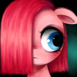 Size: 400x400 | Tagged: safe, artist:shanshantmblr, pinkie pie, ask pinkamena diane pie, g4, blushing, bust, cute, cuteamena, female, floppy ears, frown, hair over one eye, looking away, parody, pinkamena diane pie, portrait, solo, tumblr crossover, younger