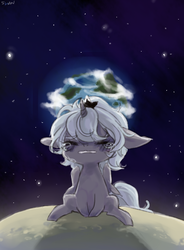Size: 500x680 | Tagged: dead source, safe, artist:shanshantmblr, princess luna, g4, banishment, crying, earth, eyes closed, female, filly, floppy ears, lonely, moon, planet, sad, sitting, solo, space, woona