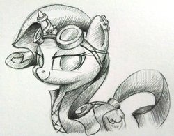 Size: 1024x798 | Tagged: safe, artist:dynamiclines, rarity, g4, clothes, female, goggles, monochrome, solo, steampunk, suit, traditional art