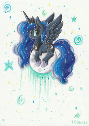Size: 2480x3507 | Tagged: safe, artist:pumpkinkikile, princess luna, g4, female, high res, moon, solo, tangible heavenly object, traditional art