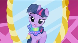 Size: 1136x640 | Tagged: safe, screencap, twilight sparkle, g4, my little pony: friendship is magic, the ticket master, female, looking at you, mirror, saddle, solo, tack