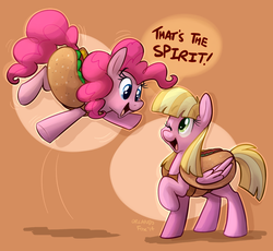 Size: 1100x1012 | Tagged: safe, artist:thedoggygal, meadow flower, pinkie pie, earth pony, pegasus, pony, g4, andrea libman, clothes, costume, dialogue, duo, duo female, female, food costume, hot dog, hot dog costume, libman pony, mare, one eye closed, open mouth, open smile, ponified, smiling, voice actor joke, wink