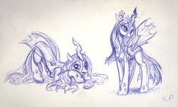 Size: 1200x720 | Tagged: safe, artist:kp-shadowsquirrel, queen chrysalis, changeling, changeling queen, g4, ballpoint pen, female, monochrome, sketch, traditional art