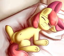 Size: 3230x2807 | Tagged: safe, artist:dyoung, apple bloom, earth pony, pony, g4, adorabloom, bed, belly button, cute, featureless crotch, female, filly, foal, high res, morning ponies, pixiv, solo, underhoof
