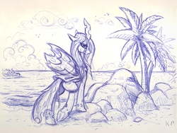 Size: 1200x900 | Tagged: safe, artist:kp-shadowsquirrel, queen chrysalis, changeling, changeling queen, g4, ballpoint pen, female, monochrome, sketch, solo, traditional art
