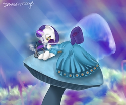 Size: 1280x1067 | Tagged: safe, artist:zombiicrow, rarity, g4, alice in wonderland, crossover, female, mushroom, solo