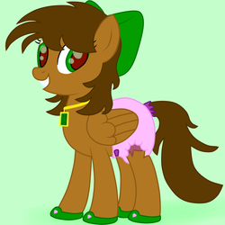 Size: 1280x1280 | Tagged: safe, artist:emerald rush, oc, oc only, oc:emerald rush, changeling, pegasus, pony, bow, clean, diaper, emerald, female, necklace, non-baby in diaper, pegaling, ribbon, solo