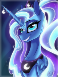 Size: 1500x2000 | Tagged: safe, artist:sevenada, princess luna, alicorn, pony, g4, blue eyes, bust, crown, ethereal mane, eyelashes, female, folded wings, horn, jewelry, necklace, regalia, smiling, solo, sparkles, wings
