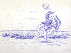 Size: 1200x900 | Tagged: safe, artist:kp-shadowsquirrel, fluttershy, g4, ball, ballpoint pen, beach, female, monochrome, playing, solo, traditional art