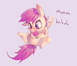 Size: 995x856 | Tagged: safe, artist:spanish-scoot, scootaloo, pegasus, pony, g4, cute, cutealoo, eating, female, filly, floppy ears, foal, food, happy, hoof hold, ice cream, ice cream cone, licking, one ear down, simple background, sitting, smiling, solo, spanish, spread wings, underhoof, wings