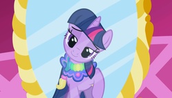 Size: 1122x639 | Tagged: safe, screencap, twilight sparkle, g4, the ticket master, female, looking at you, mirror, saddle, solo, tack