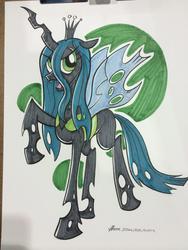 Size: 768x1024 | Tagged: safe, artist:thom zahler, queen chrysalis, changeling, changeling queen, g4, 2014, female, horn, open mouth, raised hoof, signature, solo, spread wings, tail, traditional art, wings