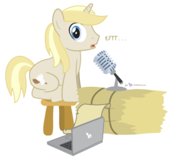 Size: 875x800 | Tagged: safe, artist:dm29, oc, oc only, oc:colin nary, g4, computer, hay bale, laptop computer, microphone, ponysona, simple background, solo, transparent background