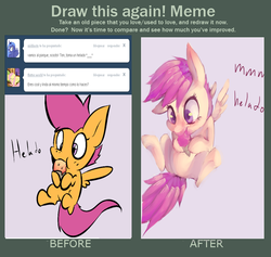 Size: 784x744 | Tagged: safe, scootaloo, tumblr:preguntascootaloo, g4, comparison, draw this again, eating, ice cream