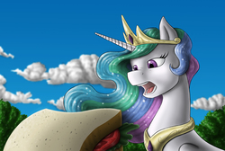 Size: 2000x1343 | Tagged: safe, artist:anadukune, princess celestia, g4, female, food, open mouth, sandwich, solo, teeth