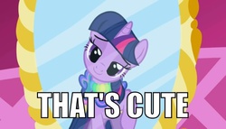 Size: 500x285 | Tagged: safe, edit, edited screencap, screencap, twilight sparkle, g4, the ticket master, female, image macro, looking at you, meme, mirror, saddle, solo, tack