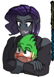 Size: 416x591 | Tagged: safe, artist:advanceddefense, artist:greentark46, rarity, spike, human, g4, bear hug, clothes, colored, fangs, female, humanized, male, muscles, ripped rarity, ship:sparity, shipping, straight, torn clothes, wereity