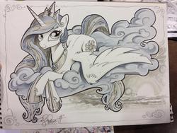 Size: 1024x768 | Tagged: safe, artist:andy price, princess celestia, g4, cloud, female, monochrome, prone, smiling, solo, spread wings, sun, traditional art