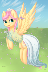 Size: 1000x1500 | Tagged: safe, artist:chiweee, fluttershy, bird, butterfly, g4, alternate hairstyle, braid, clothes, cute, dress, female, shyabetes, smiling, solo, spread wings, wedding dress