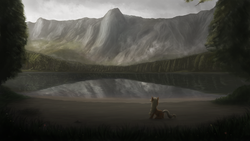 Size: 1920x1080 | Tagged: safe, artist:whiro153, applejack, g4, female, forest, lake, mountain, scenery, sitting, solo, watching