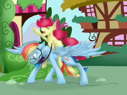 Size: 5669x4251 | Tagged: safe, artist:asiajena8, apple bloom, rainbow dash, earth pony, pegasus, pony, g4, absurd resolution, apple bloom riding rainbow dash, bridle, duo, duo female, embarrassed, eyes closed, female, filly, mare, ponies riding ponies, raised hoof, reins, riding, smiling, wavy mouth